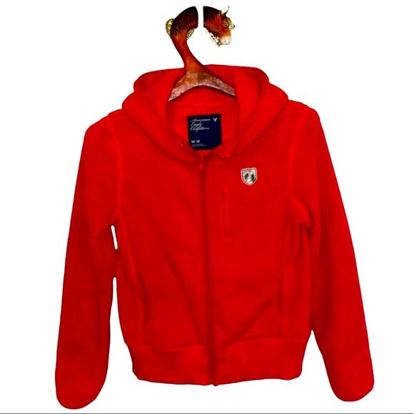 American Eagle Outfitters Cherry Red Zip Teddy Hoodie with Pockets size Medium - Picture 2 of 9